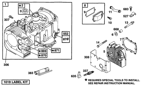 Cylinder, Head Diagram and Parts List for 254707-0138-XX  Briggs and Stratton Engine